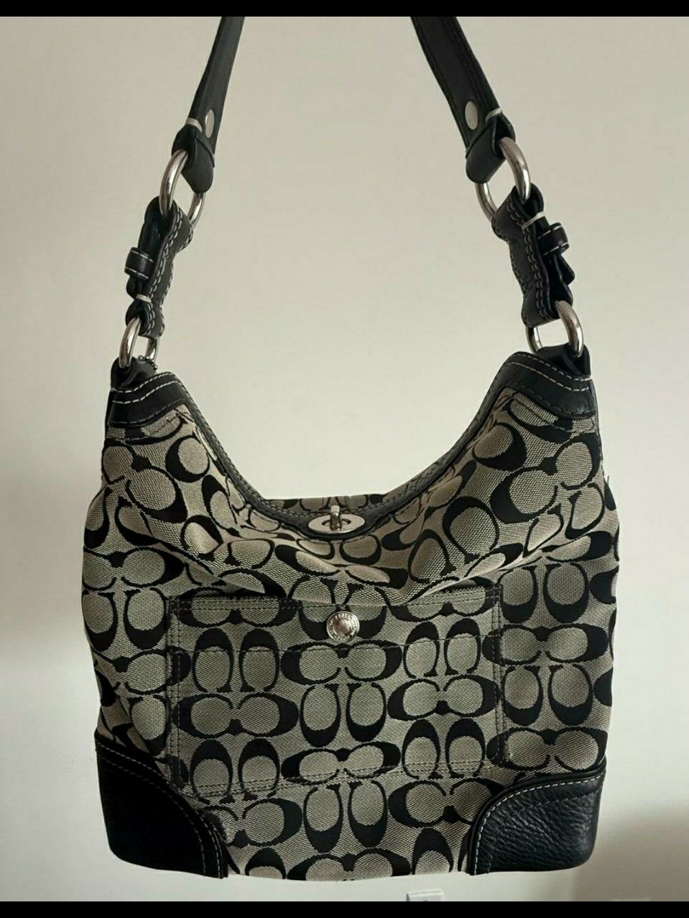 Coach Black and Grey Signature-Pattern Jacquard Shoulder Bag